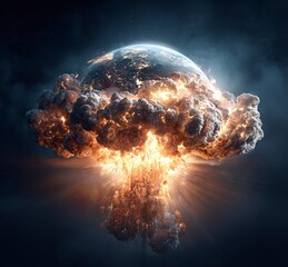 Poster - Earth exploding, an explosive scene in space, hyper-realistic, dark background, Earth floating in the air, fire and smoke coming out of it, a nuclear bomb mushroom cloud behind the planet Earth, 