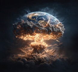 Poster - Earth exploding, an explosive scene in space, hyper-realistic, dark background, Earth floating in the air, fire and smoke coming out of it, a nuclear bomb mushroom cloud behind the planet Earth, 