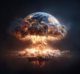 Poster - Earth exploding, an explosive scene in space, hyper-realistic, dark background, Earth floating in the air, fire and smoke coming out of it, a nuclear bomb mushroom cloud behind the planet Earth, 