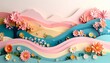 © Thapanon Phoonchai - 3D paper cut-out layered background of a garden scene with hills, bushes, and blooming flowers in pastel colors and abstract curves'