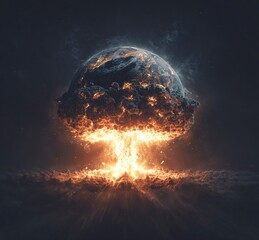 Poster - Earth exploding, an explosive scene in space, hyper-realistic, dark background, Earth floating in the air, fire and smoke coming out of it, a nuclear bomb mushroom cloud behind the planet Earth, 