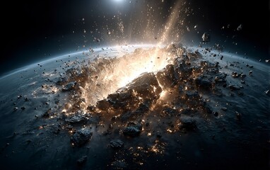 Poster - EISTH rewrite, planet impact, explosion of light and debris, dark background, photorealistic, detailed, high resolution, cinematic, high detail, 