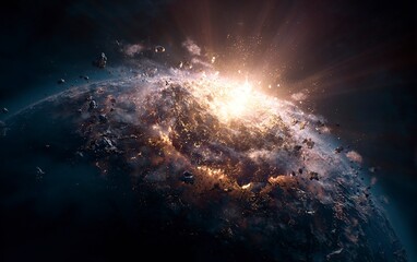 Poster - EISTH rewrite, planet impact, explosion of light and debris, dark background, photorealistic, detailed, high resolution, cinematic, high detail, 