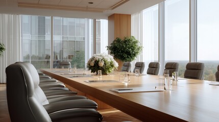 Poster - Modern conference room setup with large windows offering a view of the city landscape showcasing greenery and natural light