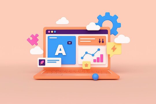 3d illustration of a laptop displaying analytics and growth charts with cloud icons and gears symbolizing digital operations