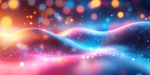 Poster - Abstract digital landscape featuring luminous waves and colorful bokeh effects.