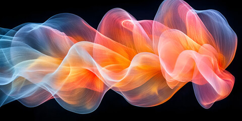 Poster - Abstract flowing shapes of translucent blue, orange, and pink hues against a dark background, creating a dynamic and ethereal visual effect.