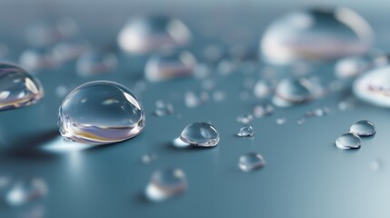 Poster - Raindrops resting on a smooth surface reflecting light during early morning hours