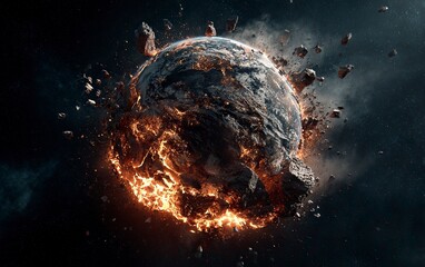 Poster - The Earth being destroyed by an asteroid, hyper-realistic, cinematic, dark background. The planet Earth is burning and falling apart into shards of glass. Black space with stars in the sky, high resol