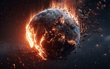 Poster - The Earth being destroyed by an asteroid, hyper-realistic, cinematic, dark background. The planet Earth is burning and falling apart into shards of glass. Black space with stars in the sky, high resol
