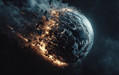 Poster - The Earth being destroyed by an asteroid, hyper-realistic, cinematic, dark background. The planet Earth is burning and falling apart into shards of glass. Black space with stars in the sky, high resol