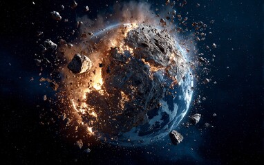 Poster - The Earth being destroyed by an asteroid, hyper-realistic, cinematic, dark background. The planet Earth is burning and falling apart into shards of glass. Black space with stars in the sky, high resol