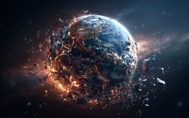 Poster - The Earth being destroyed by an asteroid, hyper-realistic, cinematic, dark background. The planet Earth is burning and falling apart into shards of glass. Black space with stars in the sky, high resol