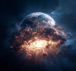 Poster - The Earth exploding in space, a stock photo, 3D rendering, hyper-realistic, high-resolution, high-definition image. 
