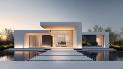 Poster - Contemporary house with flat roof and minimalist design, exterior lights glowing against twilight sky, room for promotional text.