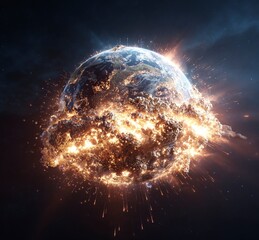 Poster - The Earth exploding in space, a stock photo, 3D rendering, hyper-realistic, high-resolution, high-definition image. 