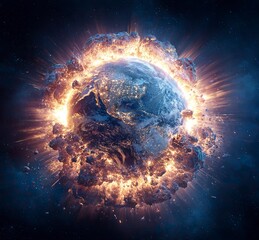 Poster - The Earth exploding in space, a stock photo, 3D rendering, hyper-realistic, high-resolution, high-definition image. 