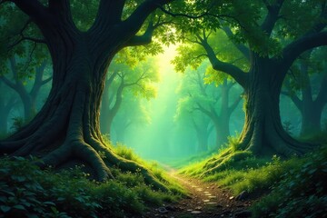 Wall Mural - Deep shadows and dappled sunlight filter through a dense forest of ancient trees, creating a mystical woodland scene Perfect for fantasy, fairytale, or nature-themed projects , nature, moss