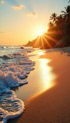 Wall Mural - Golden hour sunlight bathes a pristine, sandy beach, waves gently lapping the shore Perfect for travel, vacation, and summer themes Tranquil scene of coastal beauty , seagull, sunset, sunrise
