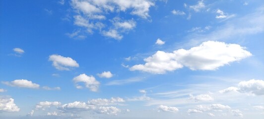 Wall Mural - Bright sky with white fluffy clouds in summer. Blue sky with clouds. Soft white clouds float in the clear blue sky. Clear blue sky, bright spring, wallpaper landscape.