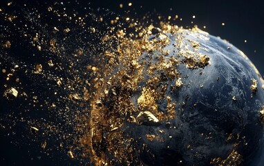 Poster - The earth is hit by an asteroid, the meteorite strikes Earth and fragmented into pieces of gold dust. , dark background, hyper realistic game art, cinematic light, high resolution, high details, 