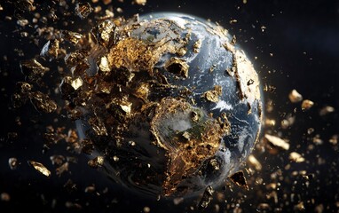Poster - The earth is hit by an asteroid, the meteorite strikes Earth and fragmented into pieces of gold dust. , dark background, hyper realistic game art, cinematic light, high resolution, high details, 