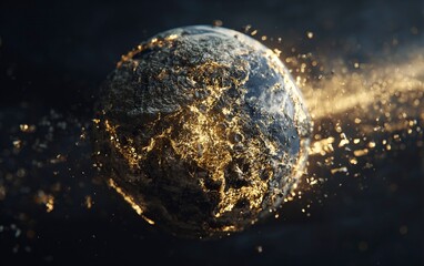 Poster - The earth is hit by an asteroid, the meteorite strikes Earth and fragmented into pieces of gold dust. , dark background, hyper realistic game art, cinematic light, high resolution, high details, 