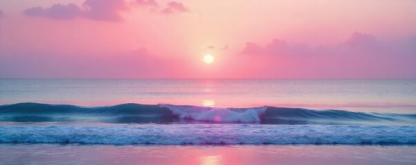 Wall Mural - Soft, pastel pink sunrise over a calm ocean, creating a dreamy, ethereal atmosphere  Perfect for travel, serenity, and peaceful themes  Gentle waves lap the shore ,  horizon,  water,  twilight