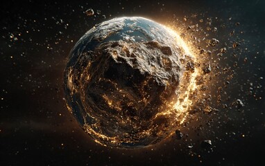 Poster - The earth is hit by an asteroid, the meteorite strikes Earth and fragmented into pieces of gold dust. , dark background, hyper realistic game art, cinematic light, high resolution, high details, 