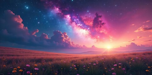 Wall Mural - Vast, ethereal fields stretching to a breathtaking celestial expanse; swirling nebulae paint the heavens with vibrant hues A surreal landscape where earth and cosmos meet , orange, mystical