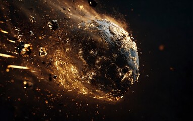 Poster - The earth is hit by an asteroid, the meteorite strikes Earth and fragmented into pieces of gold dust. , dark background, hyper realistic game art, cinematic light, high resolution, high details, 