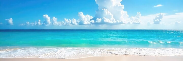 Wall Mural - Vast expanse of blue ocean meeting the horizon, waves gently lapping the shore, sunny skies above Perfect for travel, nature, and serenity themes , picturesque, relaxation, summer
