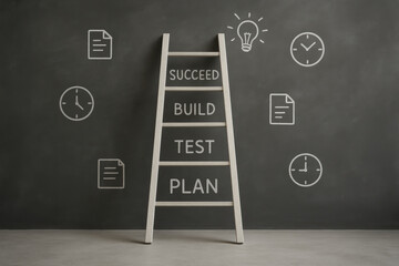 Poster - Step to succeed build test and plan inspire success achievement and progress through bright ideas