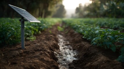 Poster - Solar powered irrigation system in a lush verdant crop field