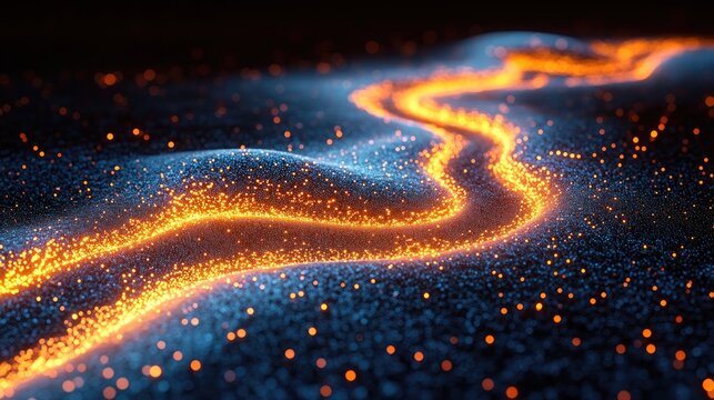 Abstract data flow visualization with glowing particle streams on a dark surface