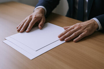 Poster - Hands adjust documents in neat alignment with professionalism and focused business care