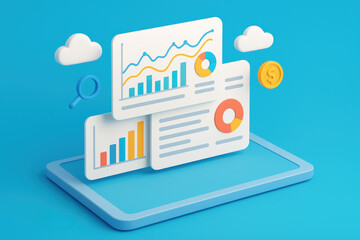 Poster - Charts dashboards and analytics combine to reveal business finance success on tablet screens amid cloud and coin icons