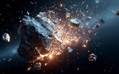 Poster - A dramatic scene of an asteroid shattering into pieces, creating sparks and debris against the backdrop of space. The focus is on capturing the dynamic motion as it shattered with precision. Photoreal