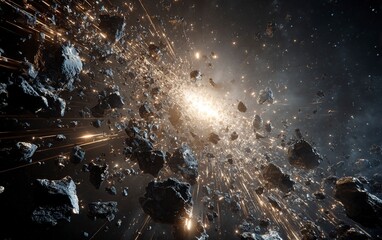 Poster - A dramatic scene of an asteroid shattering into pieces, creating sparks and debris against the backdrop of space. The focus is on capturing the dynamic motion as it shattered with precision. Photoreal