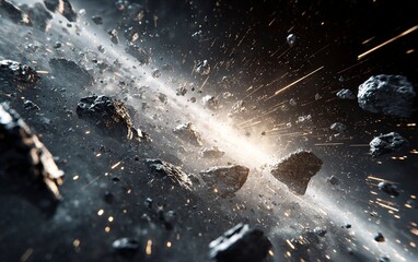 Poster - A dramatic scene of an asteroid shattering into pieces, creating sparks and debris against the backdrop of space. The focus is on capturing the dynamic motion as it shattered with precision. Photoreal