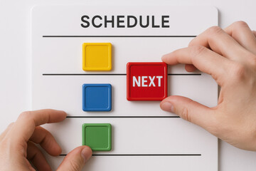 Poster - Schedule and next planning management concept shown with rearranged tile and hand on whiteboard
