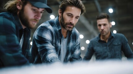 Poster - Team of engineers discussing a blueprint design in an office setting