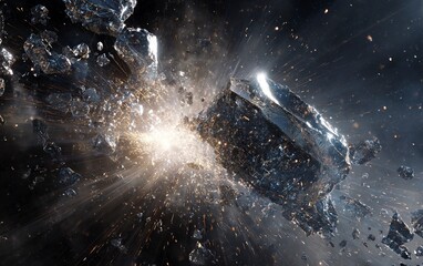 Poster - A dramatic scene of an asteroid shattering into pieces, creating sparks and debris against the backdrop of space. The focus is on capturing the dynamic motion as it shattered with precision. Photoreal