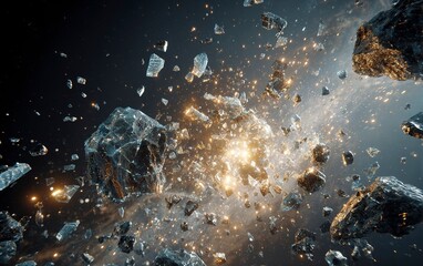 Poster - A dramatic scene of an asteroid shattering into pieces, creating sparks and debris against the backdrop of space. The focus is on capturing the dynamic motion as it shattered with precision. Photoreal