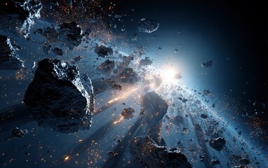 Poster - A dramatic scene of an asteroid shattering into pieces, creating sparks and debris against the backdrop of space. The focus is on capturing the dynamic motion as it shattered with precision. Photoreal