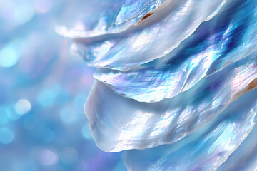 Poster - Abstract macro shot of a seashell with iridescent, shimmering colors. The delicate details of the shell catch the light, creating a beautiful display of texture and color