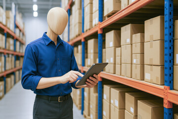 Poster - Inventory storage level and management with wooden mannequin checking stock using tablet in warehouse environment