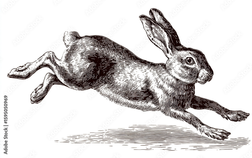 Vintage Engraved Illustration of Running Rabbit with Clean Lines on ...