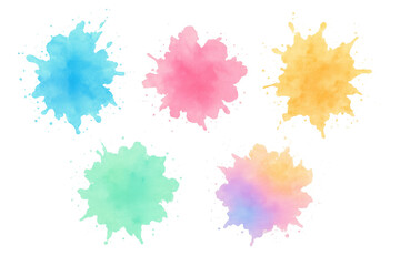 Leinwandbilder - Five vibrant watercolor splashes creating an abstract design on a transparent background, featuring a lively mix of colors and textures