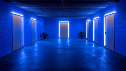 Poster - Blue hallway, neon light, modern door, concrete floor, indoor, mysterious mood